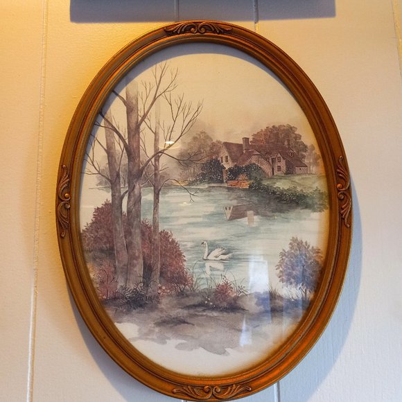 VINTAGE HOME INTERIOR SWAN/COTTAGE PRINT